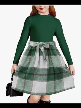 Girls' Green Plaid Belted Casual Dress